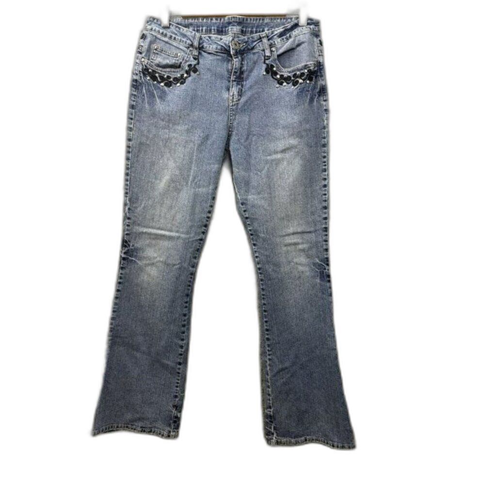 Monroe & Main Womens Blue Mid-Rise Studded Bootcut Denim Jeans